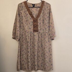 Rue21 Women's XL Beige Floral Long Sleeve Midi Dress with Brown V-Placket